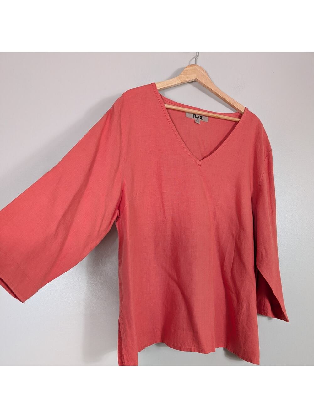 Flax Long Sleeve Linen Top 1X Coral Pink Salmon Tunic V-Neck Lagenlook Artsy